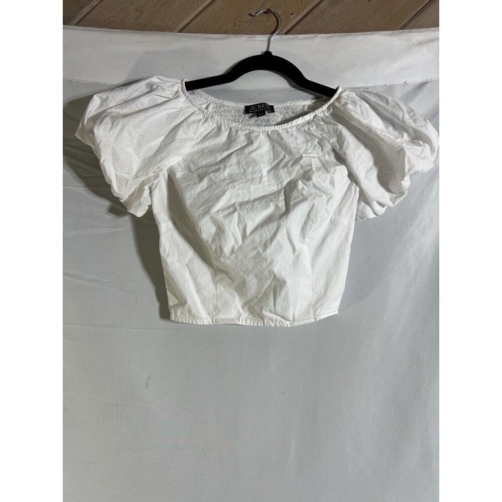 J Crew Top Woman's 00 White Fitted Puff Sleeve Cropped Smocked Clean